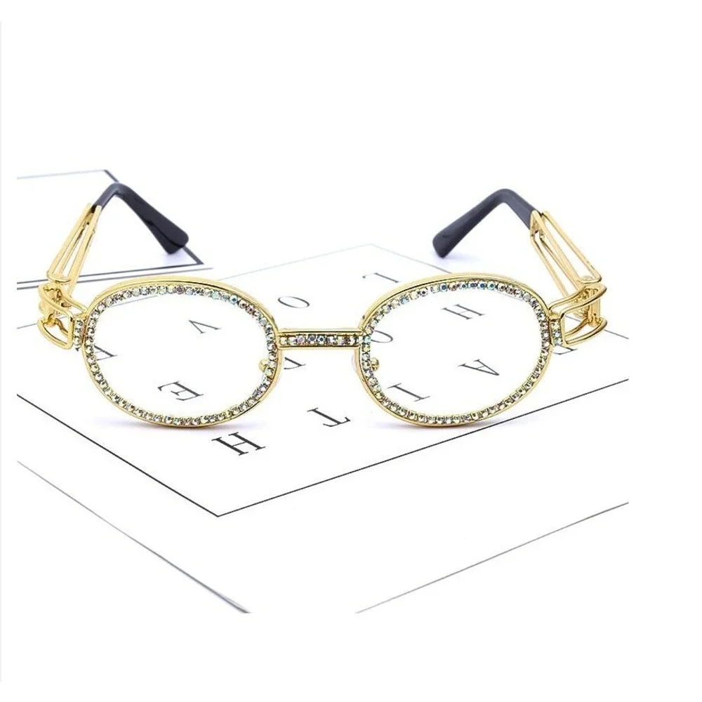 Rhinestone Round Glasses Gold Frame Hip Hop Fashion Men's‎ Sunglasses Sreet Wear